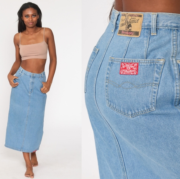 Vintage Dresses & Skirts - No Excuses Femme Fatale Tough Jeans Vintage Denim Jean Maxi Skirt Western Retro